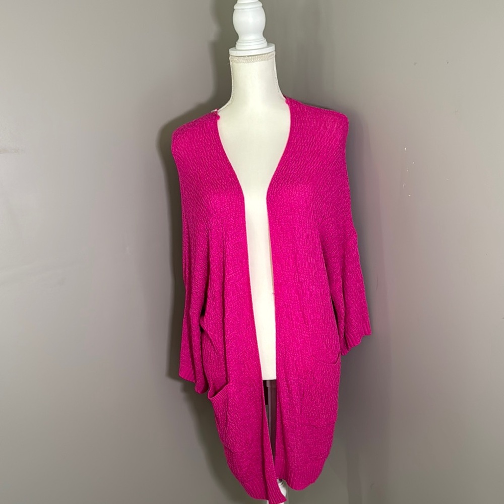 Eesome Pink Shrug Sweater with Open Front and Three-Quarter Sleeves